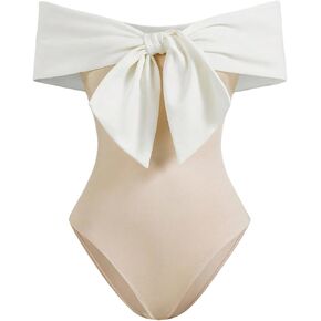 SweatyRocks Women's Off The Shoulder Bow Bodysuit Short Sleeve Tie Kont Colorblock Party Leotard
