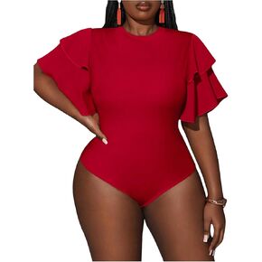 WDIRARA Women's Plus Size Layered Ruffle Short Sleeve Bodysuit Crew Neck Leotard Tops