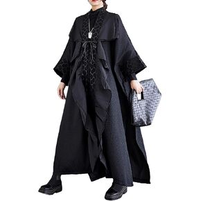ellazhu Women's Coat Solid Black Long Sleeve Split Flowy Hem Oversize Length to Ankle Loose Fall GZ271 A