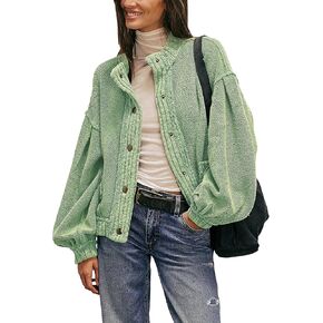 Cardigan Jacket for Women Loose Fit Ribbed Knit Trim Casual Jacket Shacket with Pockets