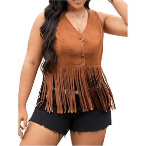 Women's Plus Size Fringe Trim Hem Jacket Sleeveless V Neck Button Front Vintage Jackets 70s Outfits