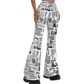 WDIRARA Women's Newspaper Print Flare Wide Leg Elastic Waist Fitted Funky Letter Print Pants