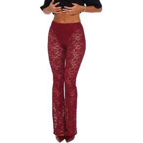 Lace Flare Pants for Women - Sexy See Through Mid-Waist Bell Bottom Leggings Trousers Party Clubwear