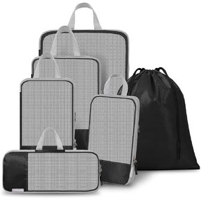 WOOMADA Compression Packing Cubes for Suitcases Travel Essentials 6 Set Rectangle Mesh Expandable Travel Bags Organizer for Luggage