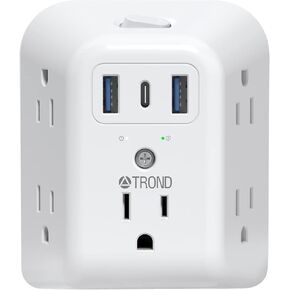 شريط طاقة USB ذو شقين، محول مخرج TROND 2 إلى 3 شقوق، 5 مقسم منافذ مع 3 منافذ USB (1 USB C)، واقي من زيادة التيار 1440J على الحائط مع تشغيل/إيقاف، قابس مستقطب، لمنفذ غير مؤرض للمنزل القديم