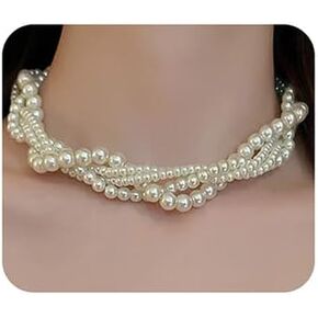 Wiwpar Fashion Pearl Necklace for Women Multi Strand Cluster Chunky Pearl Bead Statement Necklace Bar Prom Party Wedding Good Gift for Women