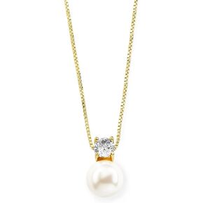 Mariell White Pearl Bridal, Bridesmaid 14K Gold Plated Necklace with Cubic Zirconia Crystal, Pearl Wedding Jewelry, Perfect for Mother of The Bride, Birthday Gift, Everyday Wear