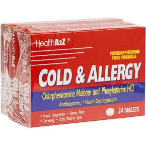 HealthA2Z Cold & Allergy | chlorpheniramine Maleate & phenylephrine HCL | 24 Tablets x 3pack (72 Tablets)