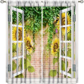 NC Sunflower Floral Blackout Curtains,Sunflower Bee Landscape Through The Window Theme Pattern Window Drapes for Kids Kitchen Cafe Bedroom Living Room Decor 42x45in