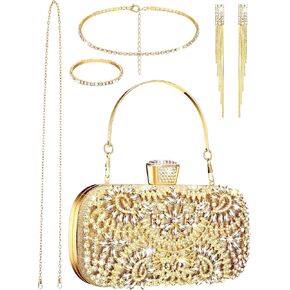 4 PCS Carts Pounds Jewelry مجموعة للنساء المساء المجوهرات Rhinestone bling Glitter Diamond Bag Bag Bag Bag Bagleace Dracelets Strains for Wedding Bridal Party Prom (Gold)