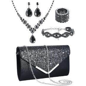 Henoyso 5 Pcs Purse Rhinestone Jewelry Set Prom Jewelry Rhinestone Clutch Purse Bride Necklace Earrings Bracelets for Women