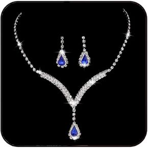 EARENT Rhinestone Bridal Jewelry Set Royal Blue Wedding Necklace and Earring for Women