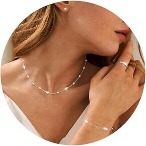 Florideco Pearl Necklace for Women 14K Gold/Silver Plated Pearl Necklace and Earring Set Adjustable Pearl Choker Necklace Bracelet Pearl Earrings Dainty Wedding Pearl Jewelry