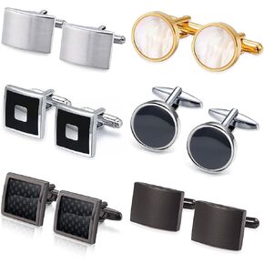 6 Pairs Cufflinks for Men Set Classic Men’s Cuff Links for Wedding Groom Business Gifts Black Gold Silver