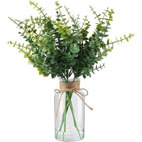 Artificial Eucalyptus Stems in Glass Vase with Faux Water, 13.5" Fake Plants for Home Decor, Coffee Table Centerpieces, Office, Bathroom & Farmhouse Weddings - Faux Greenery Plants Decorations