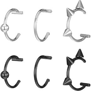 6pcs Fake Lip Piercing Lip Rings Snake Bite Jewelry Non-Piercing Snake Bite Jewelry Stainless Steel Black Silver