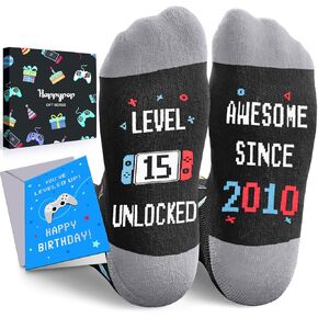 HAPPYPOP 15th Birthday Gift Ideas for Boys Girls - Awesome Since 2010 Birthday Socks with Greeting Card