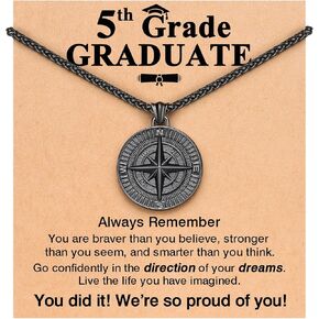 PINKDODO The Adventure Begins Compass Graduation Necklace for Boys 5th 8th Grade Middle Elementary School Graduation Gifts for Son Grandson Nephew