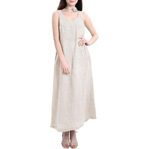 Amazhiyu Women's 100% Linen Summer Sleevelesss Maxi Dresses with Flower Belt