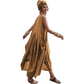 Women's Boho Cotton Sleeveless Dress Casual Loose Fit Maxi Dress with Big Pockets Fair Trade Light Summer Sundress