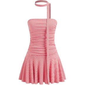 CIDER Summer Mini Dress for Women Gingham Ruched Ruffle Tube Dress with Scarf Bandeau Dress Cute Vacation Outfits