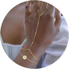 Turandoss Disc Initial Hand Chain Bracelet for Women, Trendy 14K Gold Plated Layered Disc Letter A-Z Ring Link Chain Charm Stackable Bracelet Set Hand Jewelry Gifts for Women