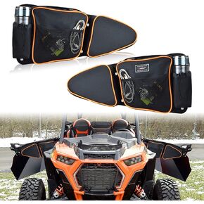 Front Side Door Bags Storage Bag Compatible with 2014-2025 Pouch Polaris RZR XP 1000, 4 1000, Turbo,Turbo S, S900/S1000 Quick Release w/Knee Pad with Cup Holder,Orange Piping