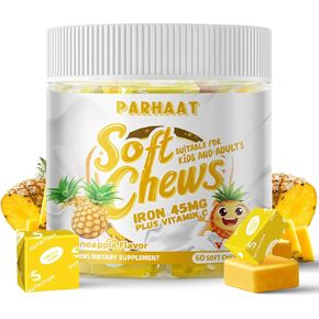 Iron Soft Chew Supplement with Vitamin C | Pineapple Flavored | Gluten Free | Iron Supplement for Women Men and Kids | 60 Count | 2 Month Supply