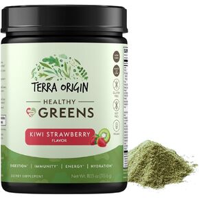 TERRA ORIGIN Greens Powder Packets | 74+ Vitamin and Superfoods | Supports Gut Health, Bloating, and Energy | with Antioxidant, Digestive Enzymes, Adaptogens | Kiwi Strawberry (15 Packets)