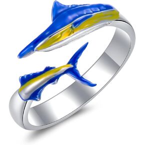 حلقة Ocean Open Open 925 Sterling Silver Orca/Killer Whale/Shark/Manta Ray قابلة للتعديل محبي الحيوانات مجوهر
