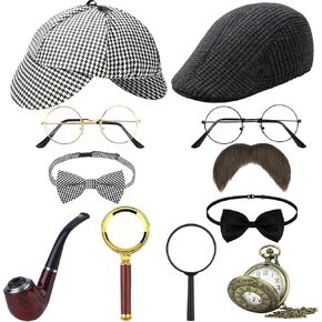 11PCS Detective Costume for Kids Detective Hat Magnifying Glass Glasses Fake Mustache Bow Tie Pocket Watch (Type C)