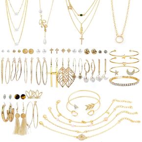 AROIC 38-52PCS Jewelry Set with Necklace Bracelet Layered Ball Dangle Hoop Stud Earrings for Women Jewelry Fashion and Valentine Birthday Party Gift