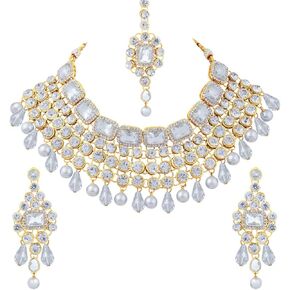 Aheli Kundan and Simulated Colored Stones Indian Ethnic Maang Tikka Necklace and Earrings Set Bollywood Festive Statement Jewelry Gift for Women