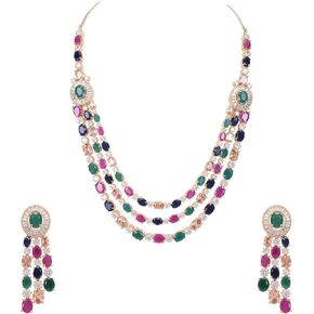 Ratnavali Jewels Cubic Zirconia Gorgeous Wedding Bridal Multi Strand Necklace Dangle Earrings Jewelry Set