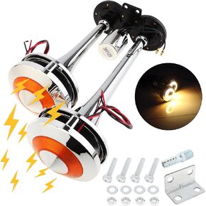 Air Horn for Truck, 12V/24V Dual Trumpet 300DB Super Loud Chrome Plated Air Horn Kit with LED Light for Car Truck Boat