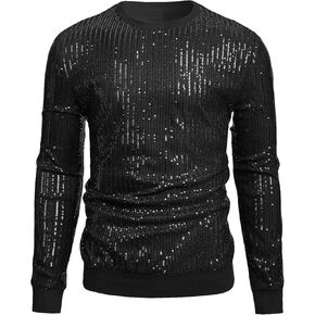 WDIRARA Men's Glitter Sequin Round Neck Sweatshirt Long Sleeve Solid Top