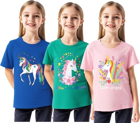 HILEELANG Girl T-Shirts Short Sleeve Graphic Tees Cotton Casual Summer Tops Shirts 3 Packs in Saudi Arabia