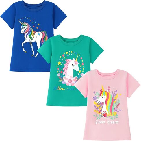 HILEELANG Girl T-Shirts Short Sleeve Graphic Tees Cotton Casual Summer Tops Shirts 3 Packs in Saudi Arabia