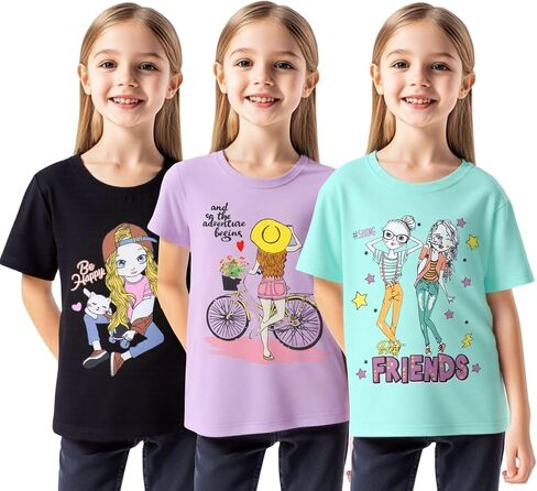 HILEELANG Girl T-Shirts Short Sleeve Graphic Tees Cotton Casual Summer Tops Shirts 3 Packs in Saudi Arabia