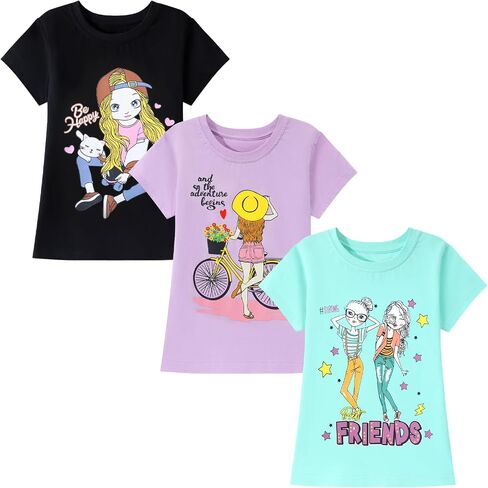HILEELANG Girl T-Shirts Short Sleeve Graphic Tees Cotton Casual Summer Tops Shirts 3 Packs in Saudi Arabia