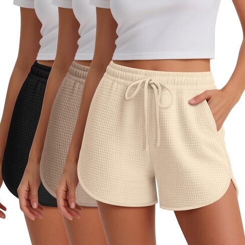 Neer 3 Pack Women's Waffle Knit Cotton Blend Drawstring Casual Pajama Lounge Summer Yoga Sweat Shorts with Pockets in Saudi Arabia