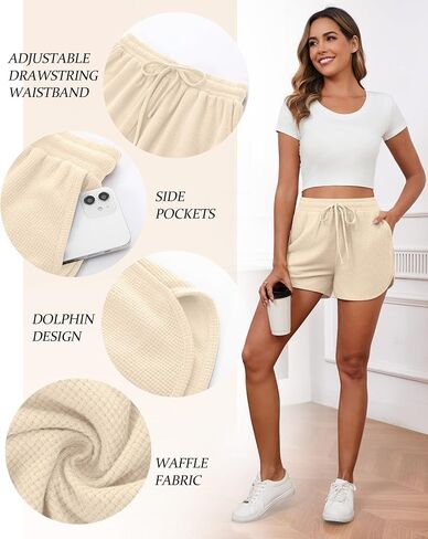 Neer 3 Pack Women's Waffle Knit Cotton Blend Drawstring Casual Pajama Lounge Summer Yoga Sweat Shorts with Pockets in Saudi Arabia