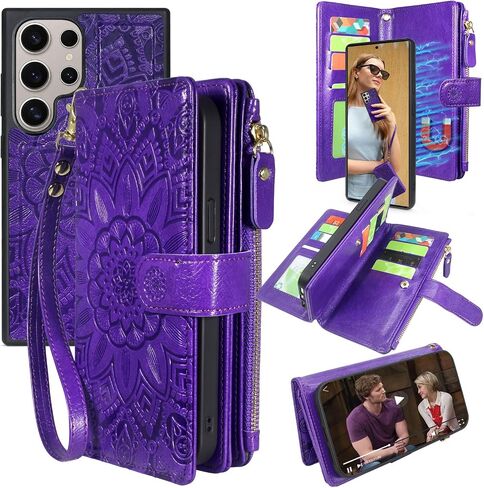 Harryshell Detachable Magnetic Zipper Wallet Leather Case with Cash Coin Pocket 12 Card Slots Holder Wrist Strap Lanyard for Samsung Galaxy S24 Ultra 5G 6.8 inch (2024) (Flower Blue Green) in Kuwait