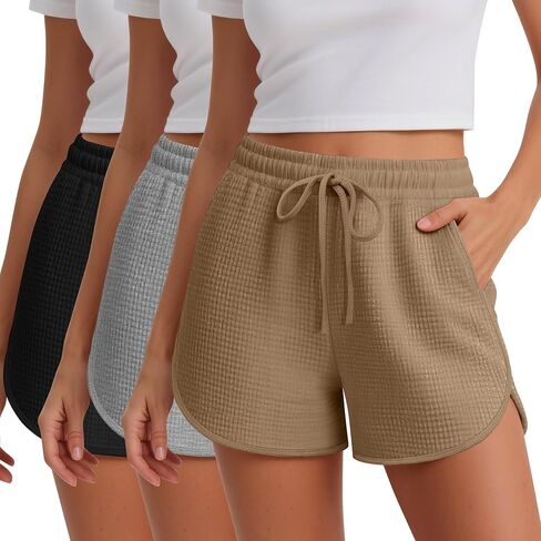 Neer 3 Pack Waffle Waffle Cont Cotton Blend الرباط غير الرسمي Pajama Lounge Summer Yoga Shorts مع جيوب in Kuwait