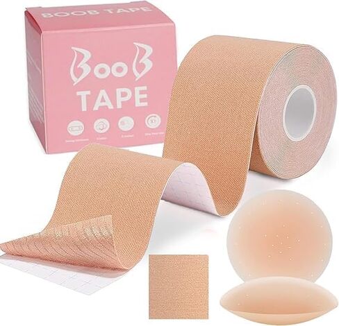 ZEECOM Boob Tape for Women, Double-Sided Fashion Tape for Large Breasts, Extra Long Roll Breast Tape with 2 pcs Silicon Reusable Nipple Cover in Saudi Arabia