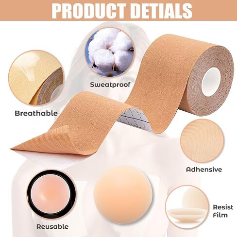 ZEECOM Boob Tape for Women, Double-Sided Fashion Tape for Large Breasts, Extra Long Roll Breast Tape with 2 pcs Silicon Reusable Nipple Cover in Saudi Arabia