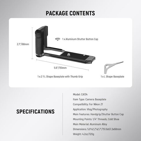 Neewer Zf Handgrip L Shape Grip for Nikon Z f، لوحة قاعدة تثبيت كاميرا رفيعة للغاية مع مقبض وغطاء زر مصراع من الألومنيوم، متوافق مع رأس سائل ثلاثي القوائم السويسري Arca، CA073 in Saudi Arabia