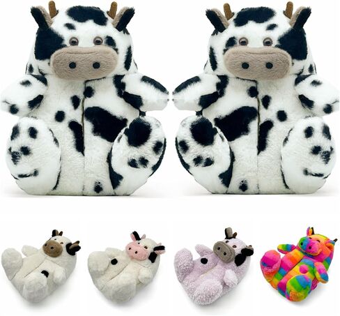 Toddler Slippers for Girls Boys, Kids Fuzzy Cow Plush Slipper Cute Cartoon Animal Soft Warm House Funny Indoor Outdoor Shoes in Saudi Arabia