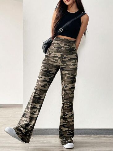 Wdirara Women's Newspaper Print Flare Wide Leg Leg Elastic Ferted Funky Letter Print in Saudi Arabia
