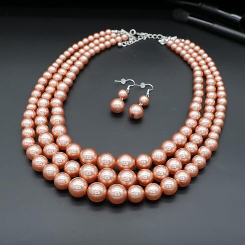 Utop Faux Big Pearl Necklace for Women - Multi Strand 3 Layers Necklace and Earrings Set - 1920s Costume Jewelry in Kuwait